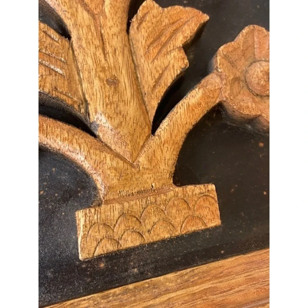 Vintage Teak Tree Carved Floral Wood Wall Art MCM Brown Black Plaque Relief 10x7